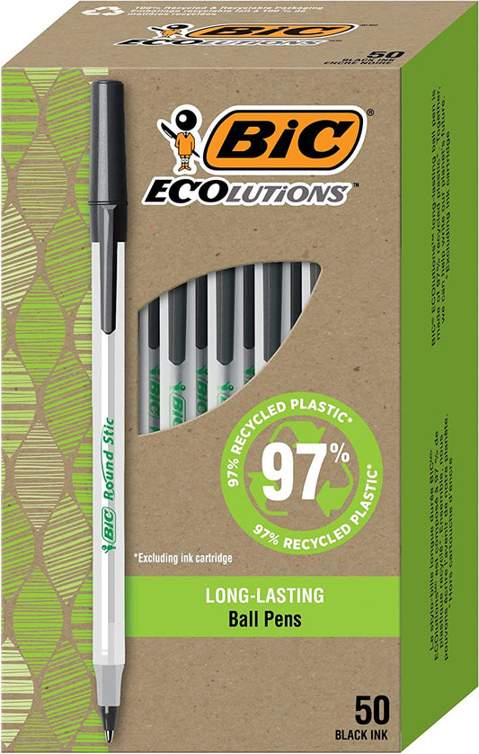 Ecolutions round Stic Ballpoint Pens, Medium Point (1.0Mm), 50-Count Pack, Black Ink Pens Made from 97% Recycled Plastic